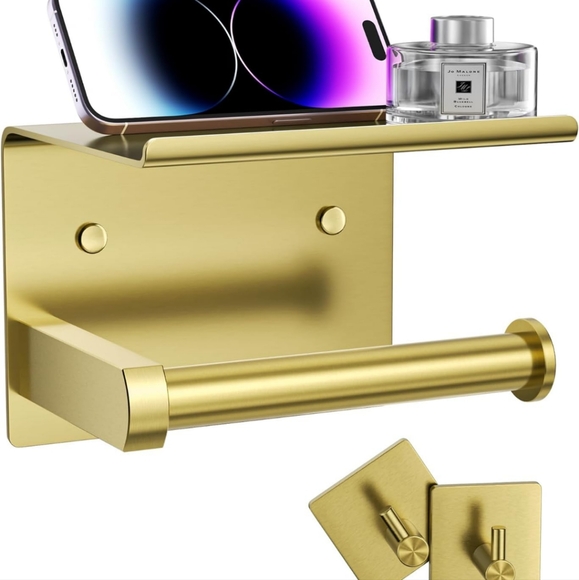 NIB Tindbea gold toilet paper holder with phone shelf and towel rope hooks - Picture 5 of 11